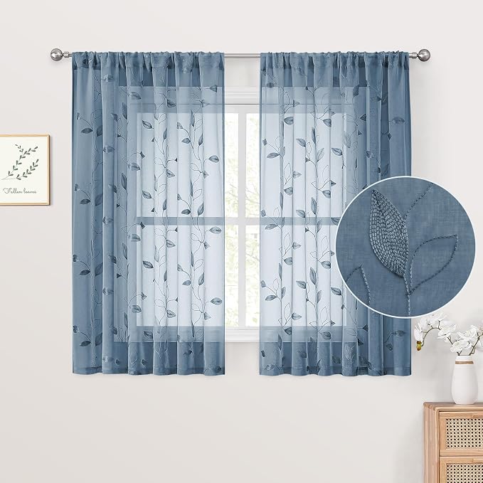 HOMEIDEAS Stone Blue Sheer Kitchen Curtains 52 x 45 Inch Length 2 Panels by HOMEIDEAS