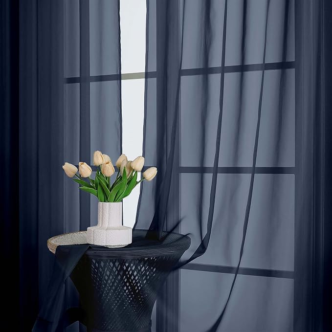 Chyhomenyc Navy Blue Sheer Curtains 96 Inches Long 2 Panels, Light Filtering - Image 2
