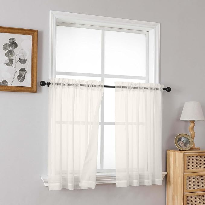 Ivory Small Sheer Curtains 2 Panels Set, Kitchen Curtains 36 Inch Length - Image 8
