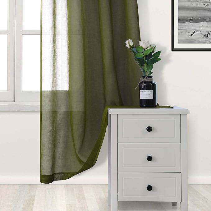 DWCN Olive Green Sheer Curtains Semi Transparent Voile Rod Pocket Curtains - Image 4