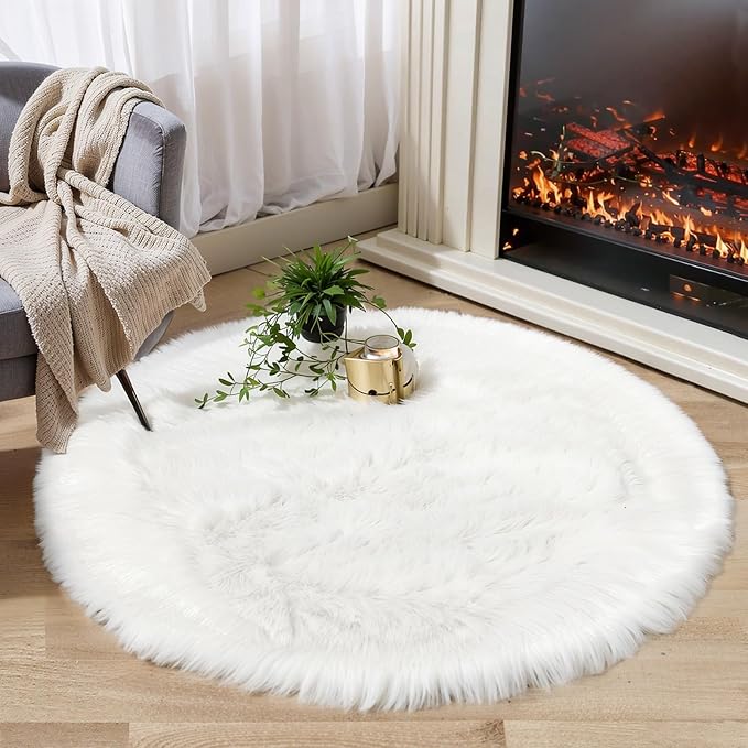 Round Fur Fluffy Area Rug for Bedroom, Cute Furry Nursery Carpet, Plush Shag - Image 5