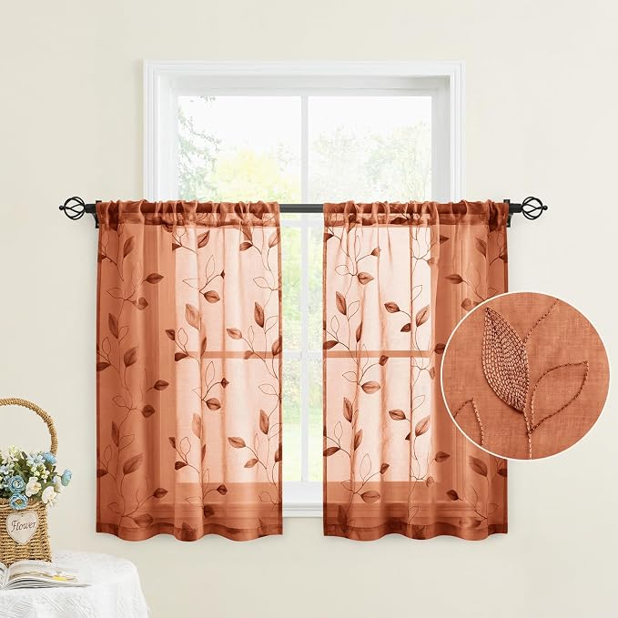 HOMEIDEAS Fall Burnt Orange Sheer Kitchen Curtains 30 X 24 Inch Length 2 Panels - Image 2