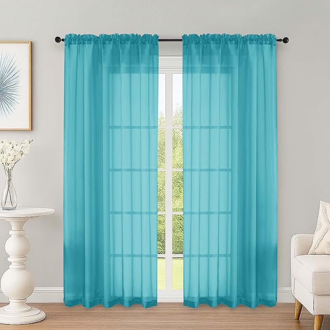 OWENIE Turquoise Sheer Curtains 72 Inches Long 2 Panels Set, Transparent Voile by OWENIE