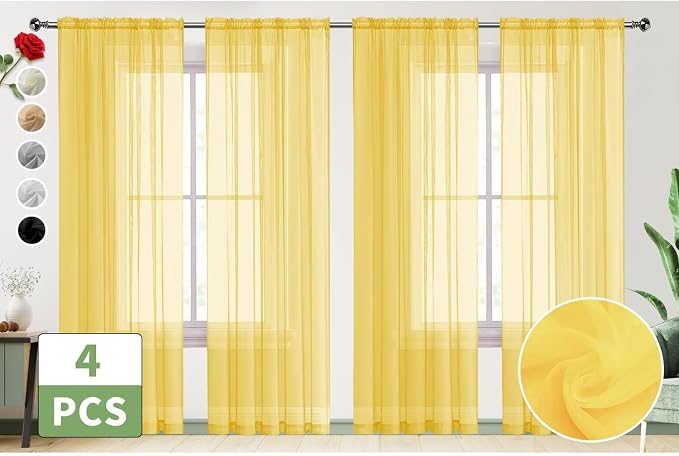 SpaceDresser Yellow Sheer Curtains 4 Panels Rod Pocket Semi-Sheer Curtain 84 - Image 2