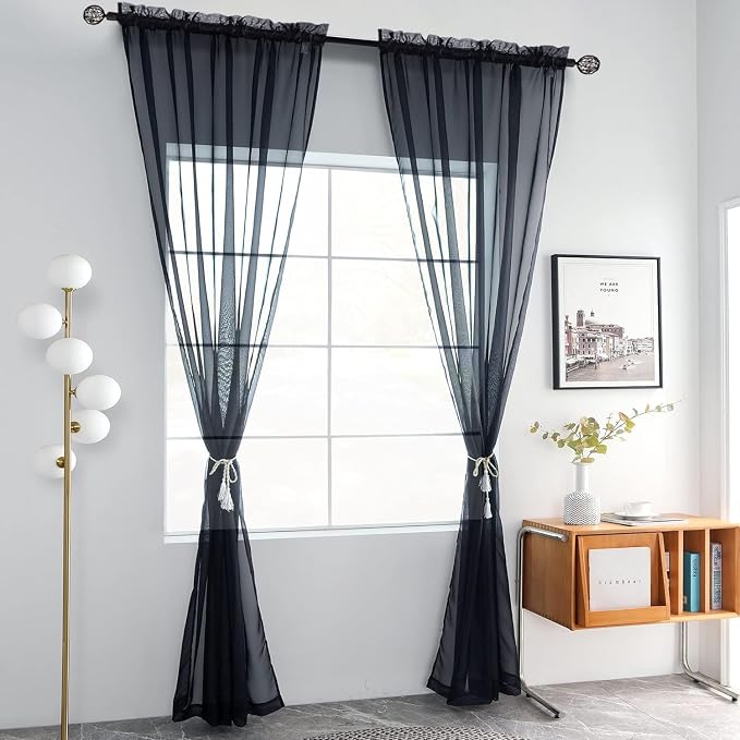 youleyar Solid Sheer Rod Pocket Curtain Voile Draperies 2 Panels White Beige - Image 2