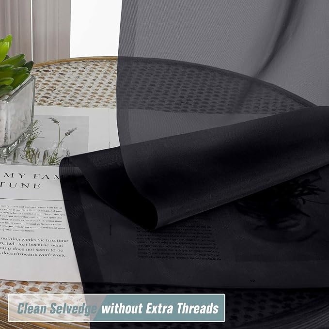 Black Valances for Windows 14 inch Length 2 Panels Set, Small Voile Sheer - Image 5