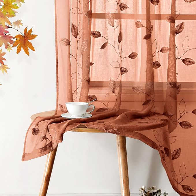 HOMEIDEAS Fall Burnt Orange Sheer Curtains 84 Inches Long 2 Panels Embroidered by HOMEIDEAS