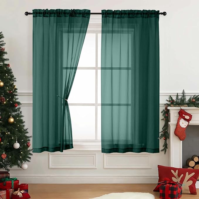 Green Sheer Curtains 63 Inch Length 2 Panels, Soft Voile Sheer Curtains by Home