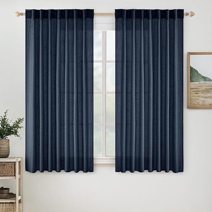 MIULEE Navy Blue Linen Curtains 63 Inch Length 2 Panels by MIULEE