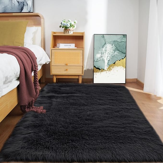 Goolela Black Fluffy Rug 4x6 Fuzzy Furry Shag Rug - Image 2