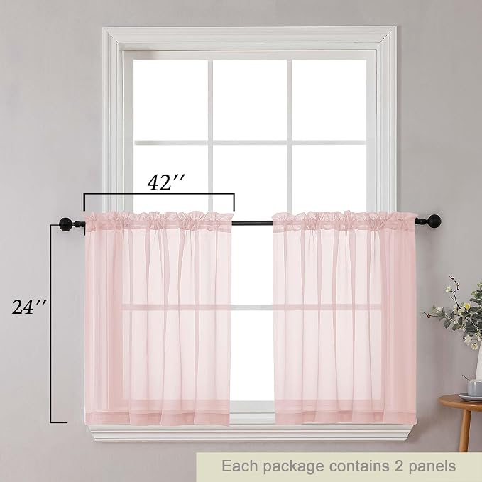 Kitchen Curtains 24 Inch Length Tier 2 Pieces, Blush Sheer Curtain Solid Soft - Image 2