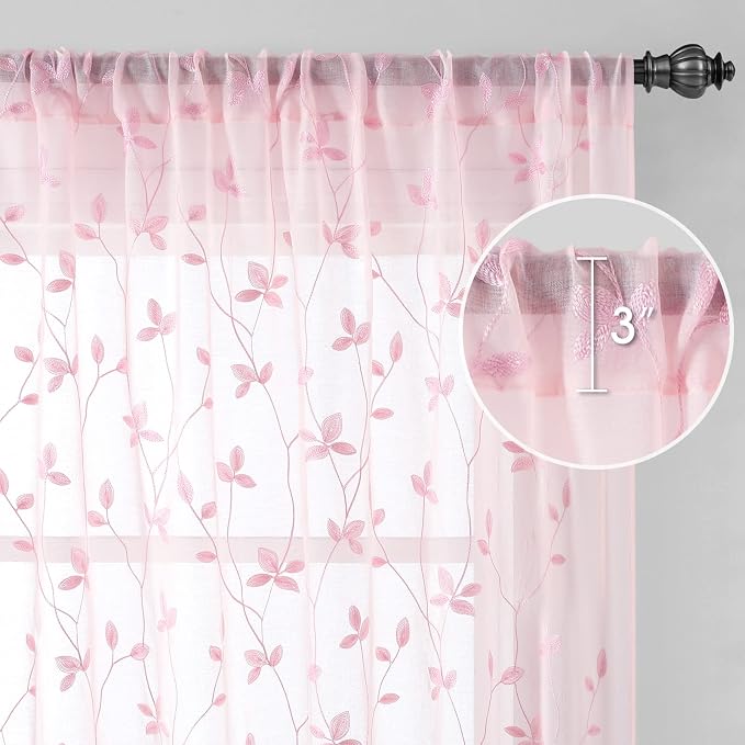HOMEIDEAS Pink Sheer Curtains 52 X 96 Inches Length 2 Panels Embroidered Vine - Image 5