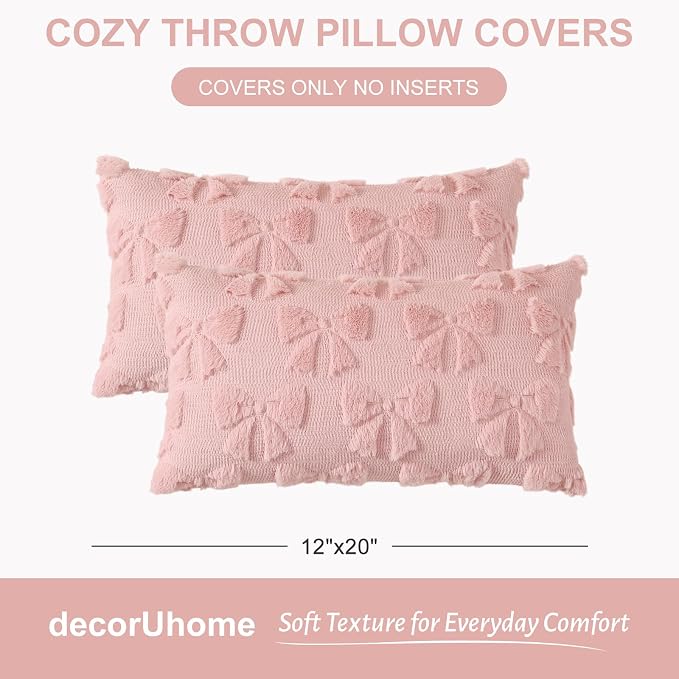 decorUhome Pink Bow Pillow Covers Set of 2 Coquette Aesthetic Cute Preppy Plush - Image 7