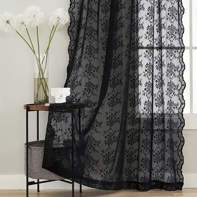 YJ YANJUN Vintage Lace Curtains 90 Inches Long- Victorian Floral Pattern Black - Image 5