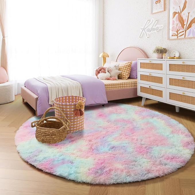 Amdrebio Rainbow Fluffy Round Rug 7Ft Kids Rugs - Image 6