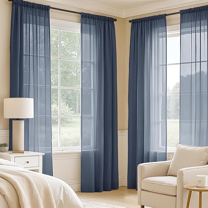 MIULEE Navy Blue Sheer Curtains 96 Inches Long, 4 Panels Set, Light Filtering - Image 2