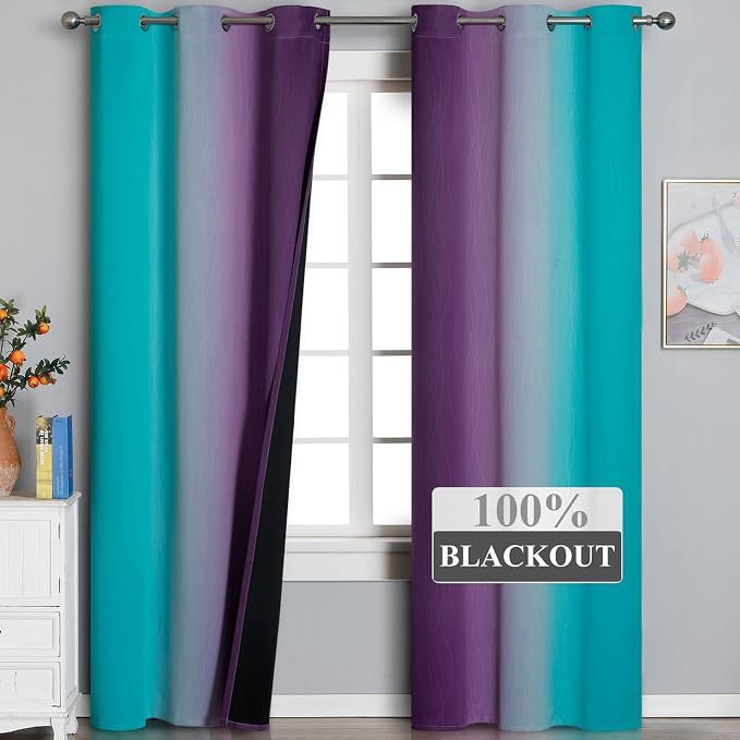 Estelar Textiler Teal and Purple Ombre Blackout Curtains 96 Inches Long 2 Panels - Image 2