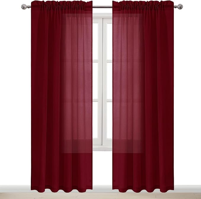 DWCN Christmas Burgundy Sheer Curtains Semi Transparent Voile Rod Pocket - Image 9