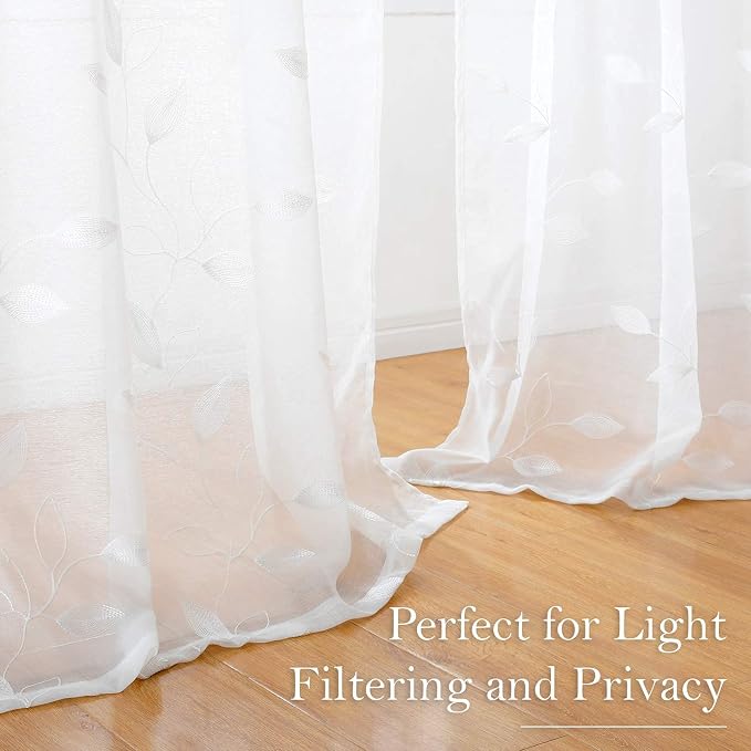 HOMEIDEAS White Sheer Curtains 52 X 63 Inches Length 2 Panels Embroidered Leaf - Image 9