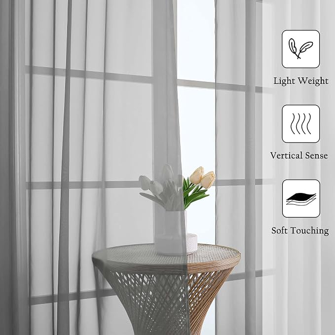 Lecloud Charcoal Grey Sheer Curtains - Image 2