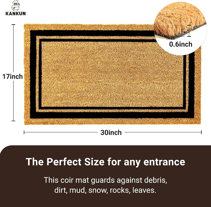 KANKUN Coco Coir Door Mat with Heavy Duty Backing, Welcome Doormat, Doormat - Image 3