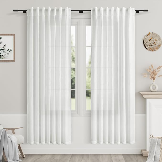 White Semi Sheer Linen Curtains 72 inch Length by Nanspring