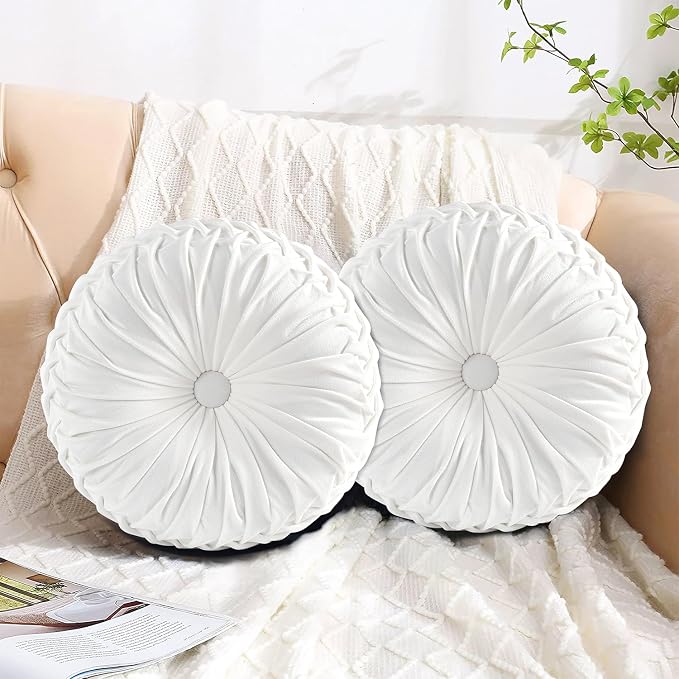 HIG Set of 2 Decorative Round Pleated Throw Pillows, Classy Accent Pumpkin - Image 2