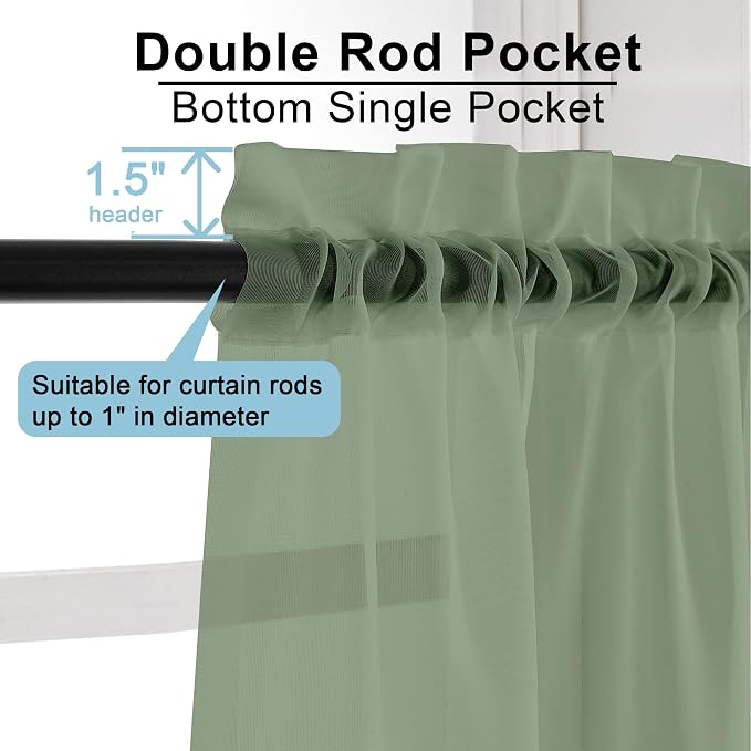 OWENIE Sage Green Sheer Curtains 96 Inches Long 2 Panels Set, Elegant Sheer - Image 4