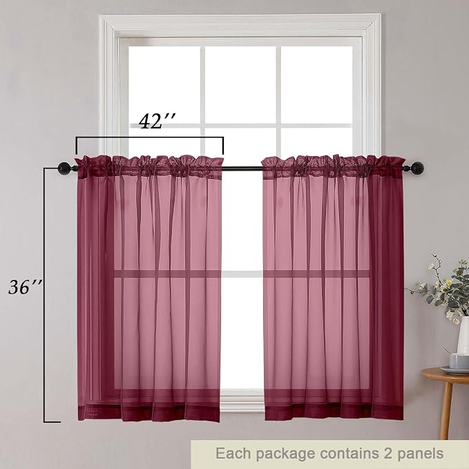 Cafe Curtains 36 Inch Length Tier 2 Pieces, Modern Soft Airy Sheer Kitchen - Image 2