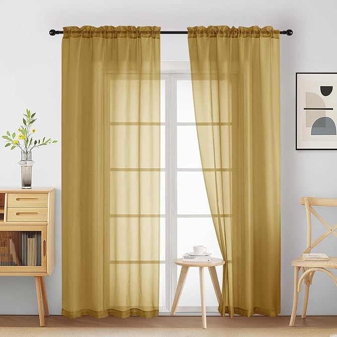Gold Sheer Curtains 90 Inches Long 2 Panels, Light Filtering Solid Sheer by Home