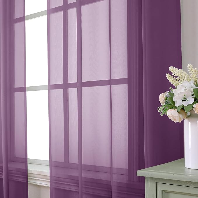 Aiyufeng Plum Purple Sheer Curtains 63 Inches Long 2 Panels Set, Solid Voile - Image 2