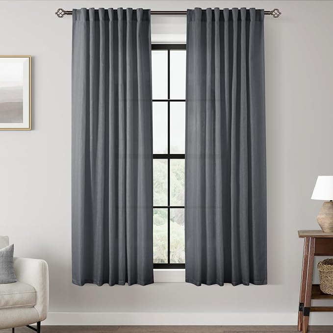 Dark Gray Curtains for Living Room Back Tab Modern Farmhouse Semi Sheer Gray by Jolilight
