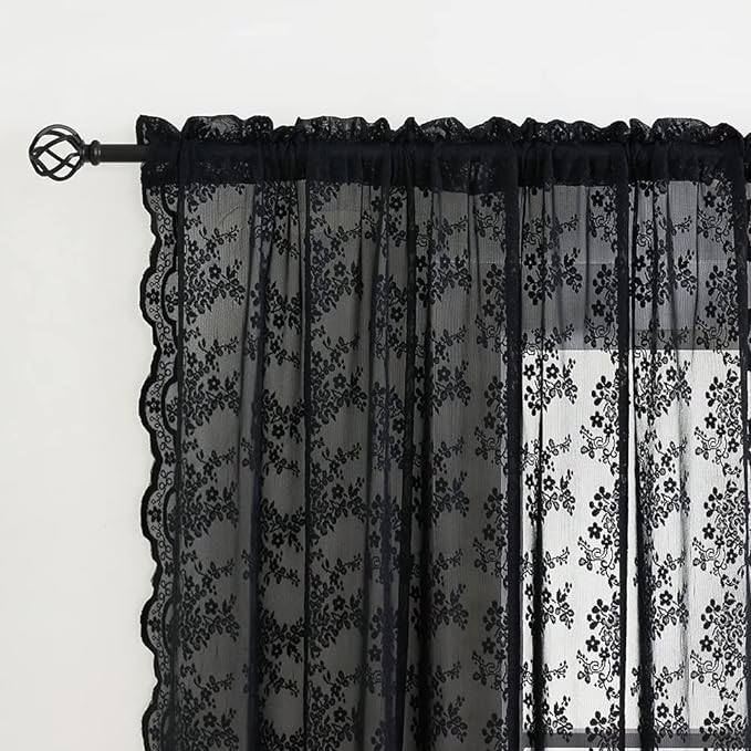 YJ YANJUN Vintage Lace Curtains 84 Inches Long-Victorian Floral Pattern Black - Image 4