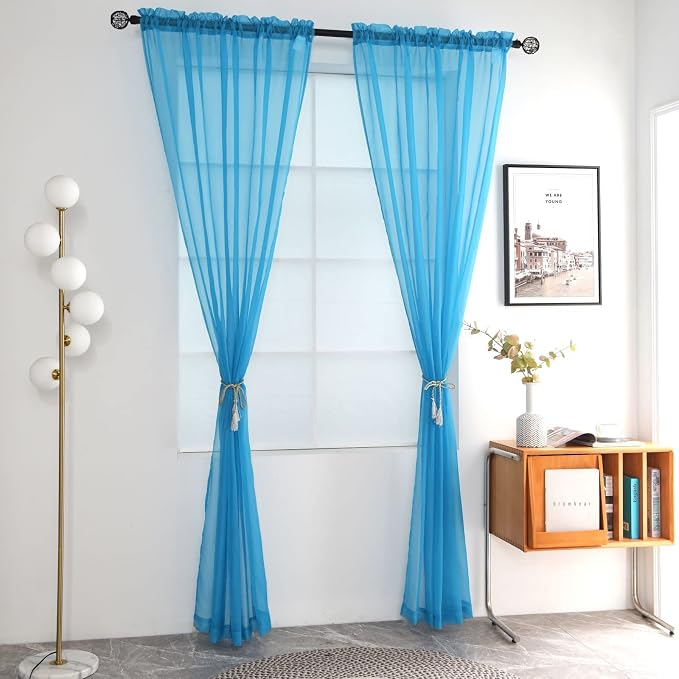 SpaceDresser Basic Rod Pocket Sheer Voile Window Curtain Panels Cyan Blue 1 - Image 2