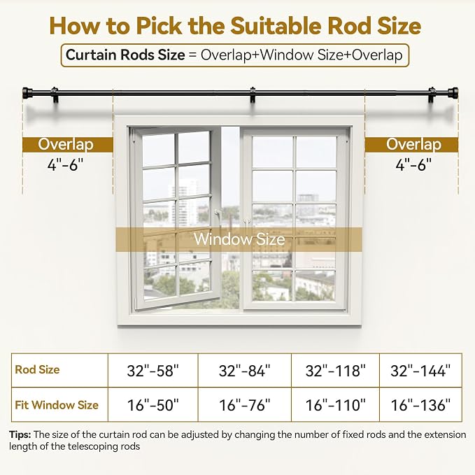 YaFex Curtain Rods 32-84 Inch, Heavy Duty 1 Inch Adjustable Curtain Rod - Image 6