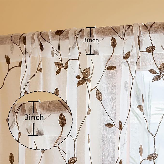 AmHoo 2 Panels Embroidered Leaf Pattern Semi Sheer Curtains Foliage Floral - Image 3