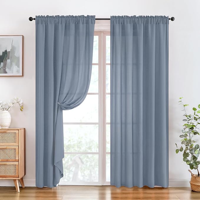 HOMEIDEAS Non-See-Through Stone Blue Privacy Sheer Curtains, 52 X 84 Inches - Image 2