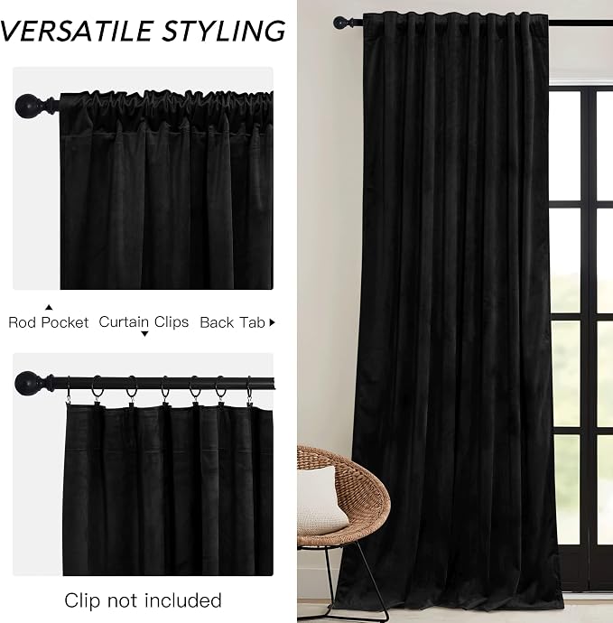 RYB HOME Black Velvet Curtains 84 inch, W52 x L84 inch, 2 Panels - Image 3