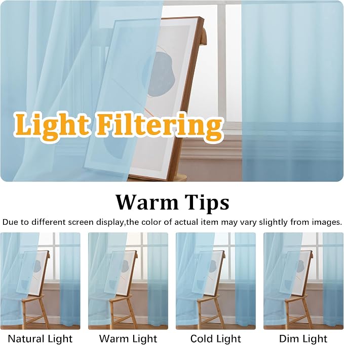 Gwine Sky Blue Sheer Curtains 90 Inches Long 2 Panels Set, Light Filtering - Image 5