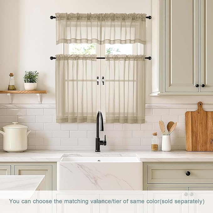 Taupe Small Sheer Curtains 2 Panels Set, Kitchen Curtains 36 Inch Length - Image 2