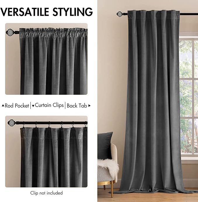MIULEE Grey Velvet Curtains 108 inches Long 2 Panels - Image 2