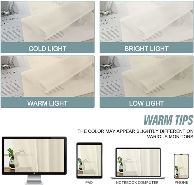 Cream Small Sheer Curtains 2 Panels Set, Kitchen Curtains 36 Inch Length - Image 7
