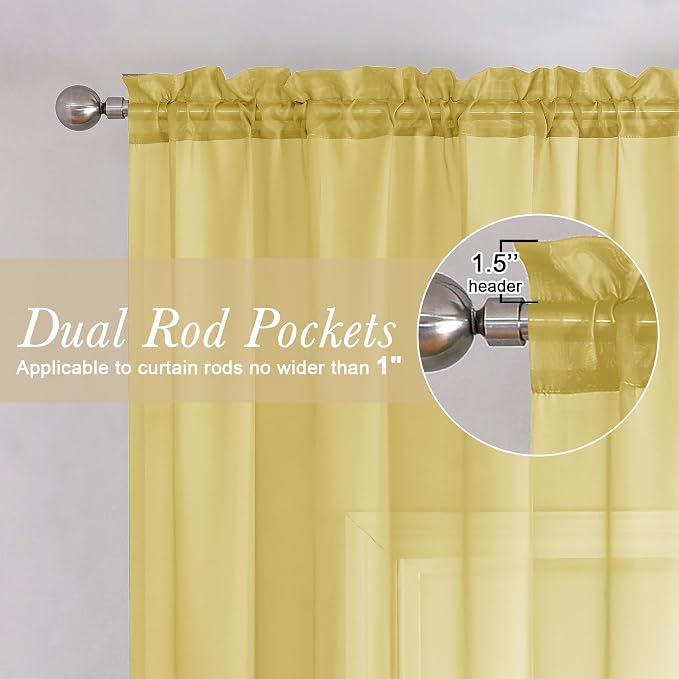 Lecloud Yellow Sheer Curtains 84 Inches Long 2 Panels, Light Filtering Voile - Image 2
