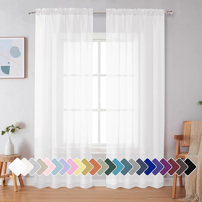 Simplebrand White Sheer Curtains 90 Inches Long, Light Filtering Rod Pocket by Simplebrand