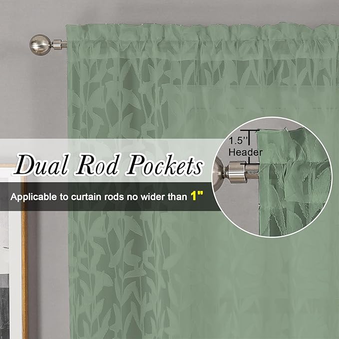 Lecloud Leia 36 Inch Sheer Curtains Sage Green Tiers - Image 2
