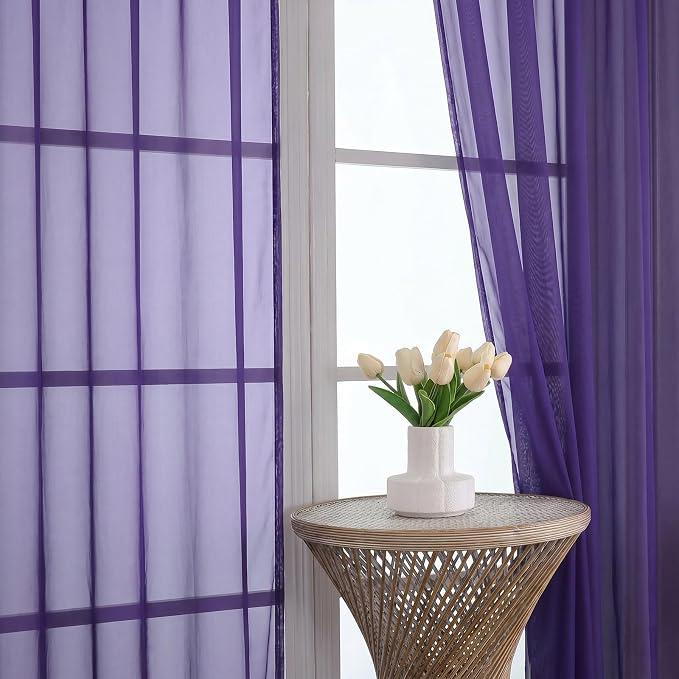 Purple Sheer Curtains 63 Inches Long 2 Panels Set, Light Filtering Sheer - Image 3