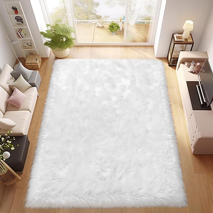Ciicool 5 x 8 Feet Fluffy Faux Fur Area Rug White Faux Sheepskin Furry Rugs by CIICOOLHomeDeco