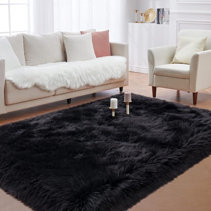 Black Faux Fur Rug for Bedroom 3'x5' Soft Shag Fuzzy Rugs for Living Room - Image 2