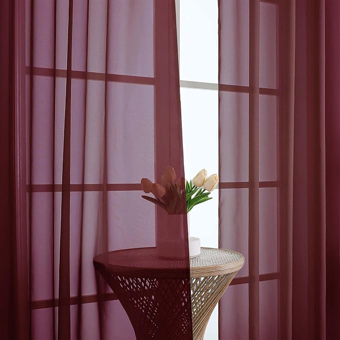 OVZME Burgundy Sheer Curtains 108 Inches Long 2 Panels Set, 59 Inch Extra Wide - Image 3