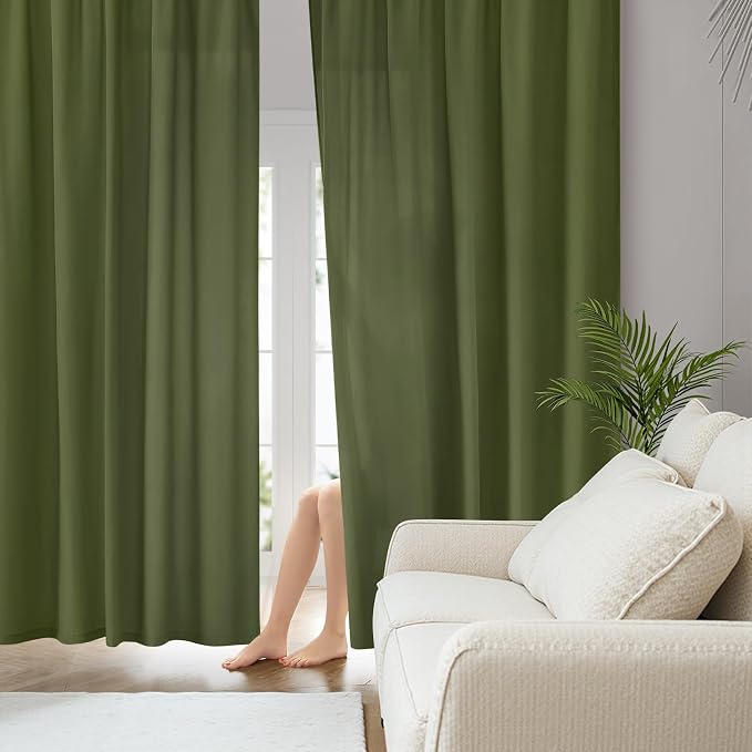 HOMEIDEAS Non-See-Through Olive Green Privacy Sheer Curtains, 52 X 96 Inches - Image 2